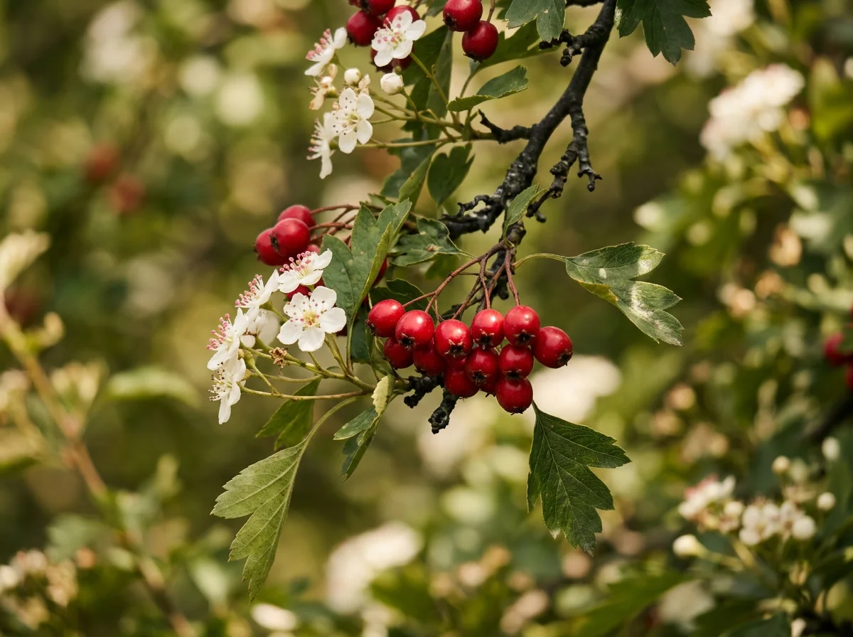 Fresh hawthorn berries and blossoms - hawthorn extract supplement USA - botanical ingredient in CardioX