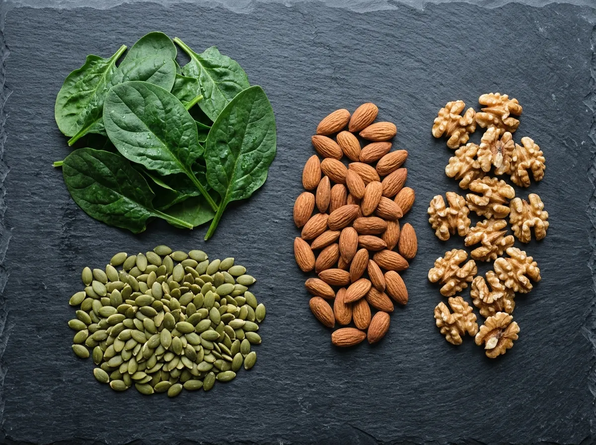 Magnesium-rich foods - dark leafy greens, pumpkin seeds, almonds - magnesium and hawthorn for circulatory support