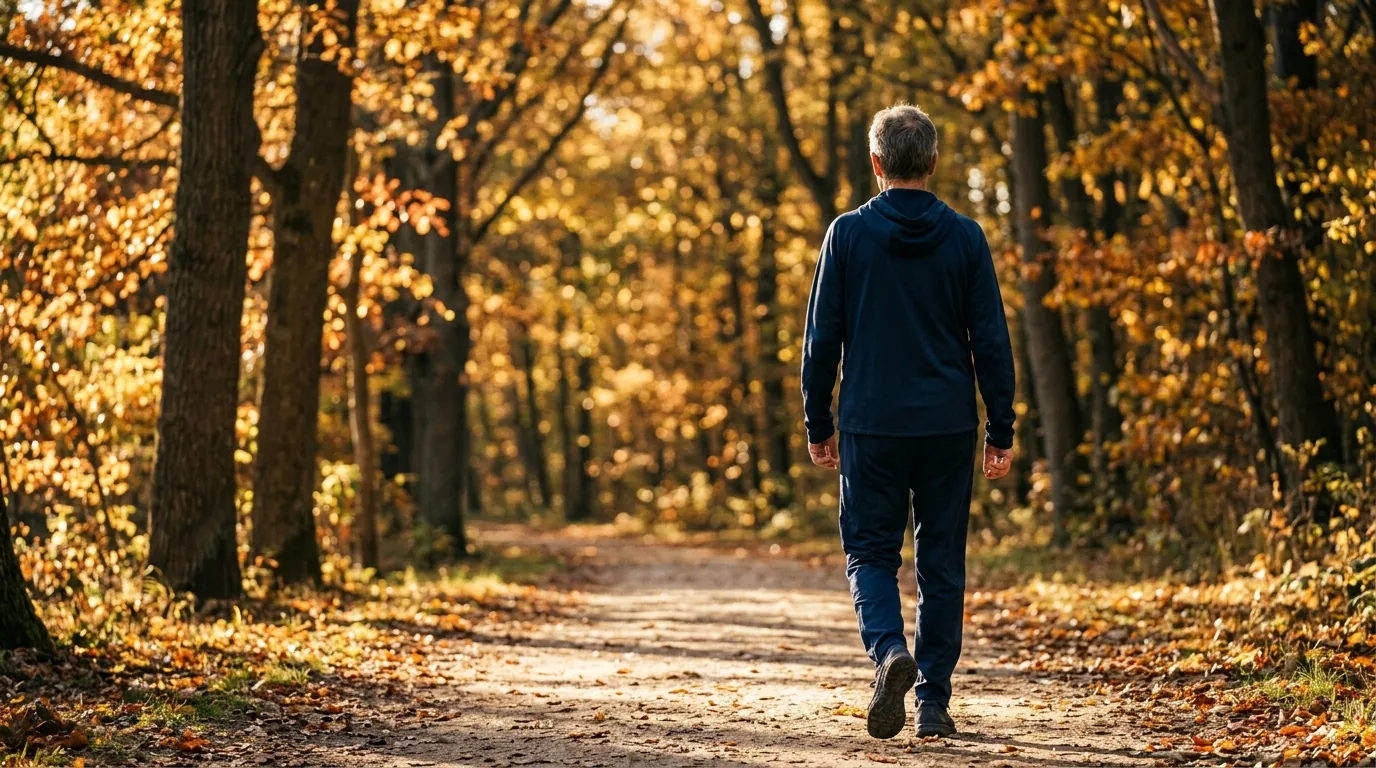 Anonymous adult figure walking along a sunlit autumn trail - active aging lifestyle supported by CardioX supplement